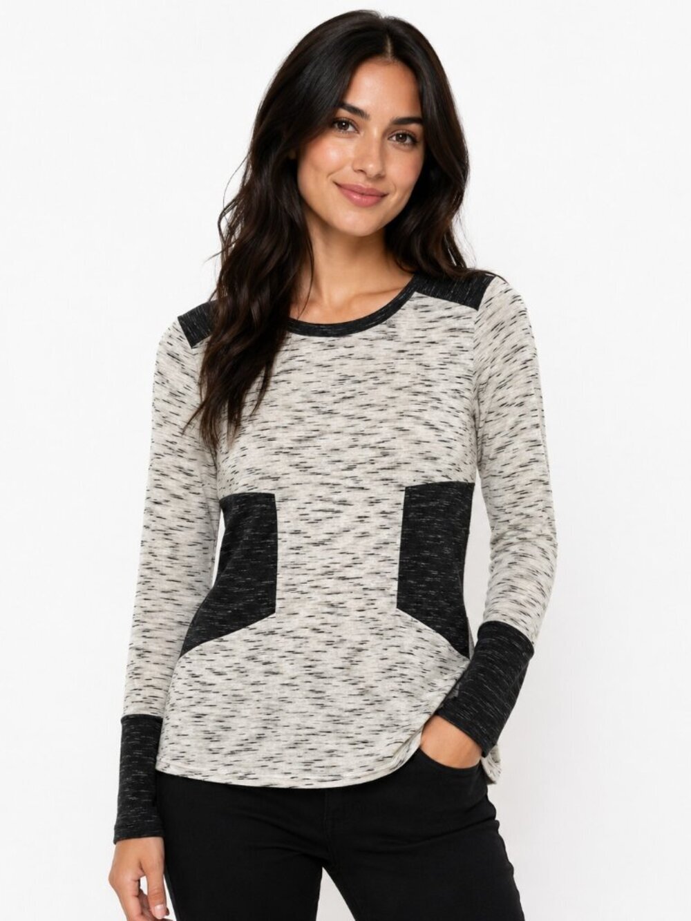 Rachel Roy B&W Heather Pattern Color Block Top